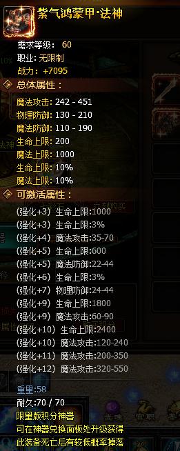 紫气鸿蒙甲·法神 60 战力提升:7095 魔法攻击:242-451 物理防御:130